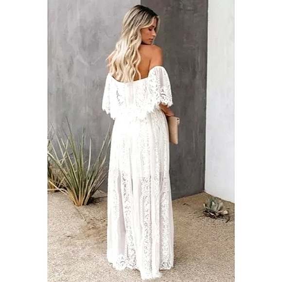LAST ONE! Gorgeous White LILLIAN Off The Shoulder Boho Lace Bridal Maxi Dress - Picture 2 of 5